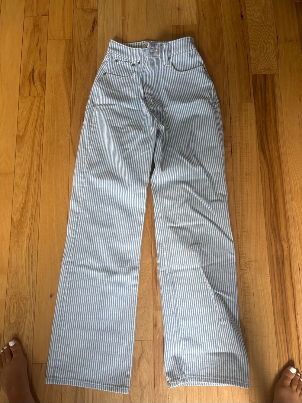 Abercrombie & Fitch White and Light Blue Striped High-Rise Jeans